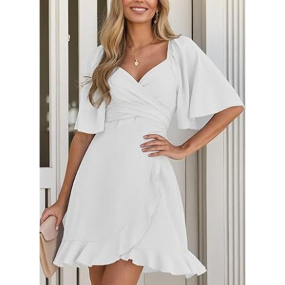 Dokotoo Women's Large White Wrap V Neck Short Flared Sleeve Mini Dress M37-29